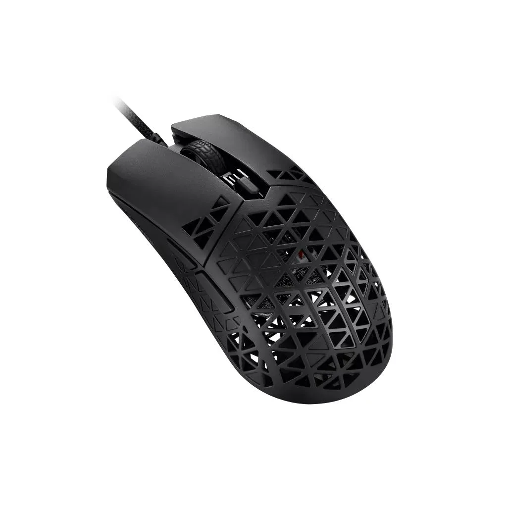(90MP02K0-BMUA00) A lightweight wired gaming mouse with 16,000 dpi sensor, six programmable buttons, ultralight Air Shell, IPX6 water resistance , ASUS Antibacterial Guard, TUF Gaming Paracord and pure PTFE feet