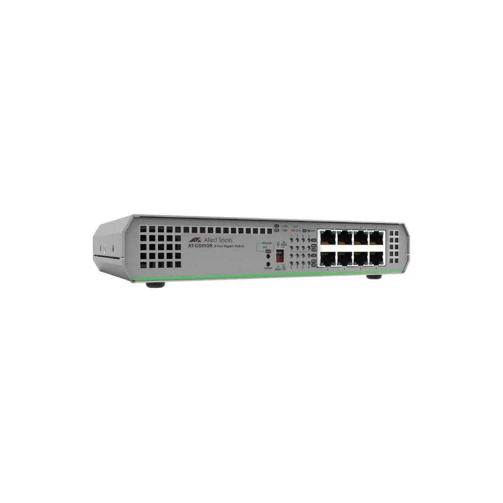 (AT-GS910/8-10) 8 port 10/100/1000T unmanaged switch with internal PSU, US Power Cord.