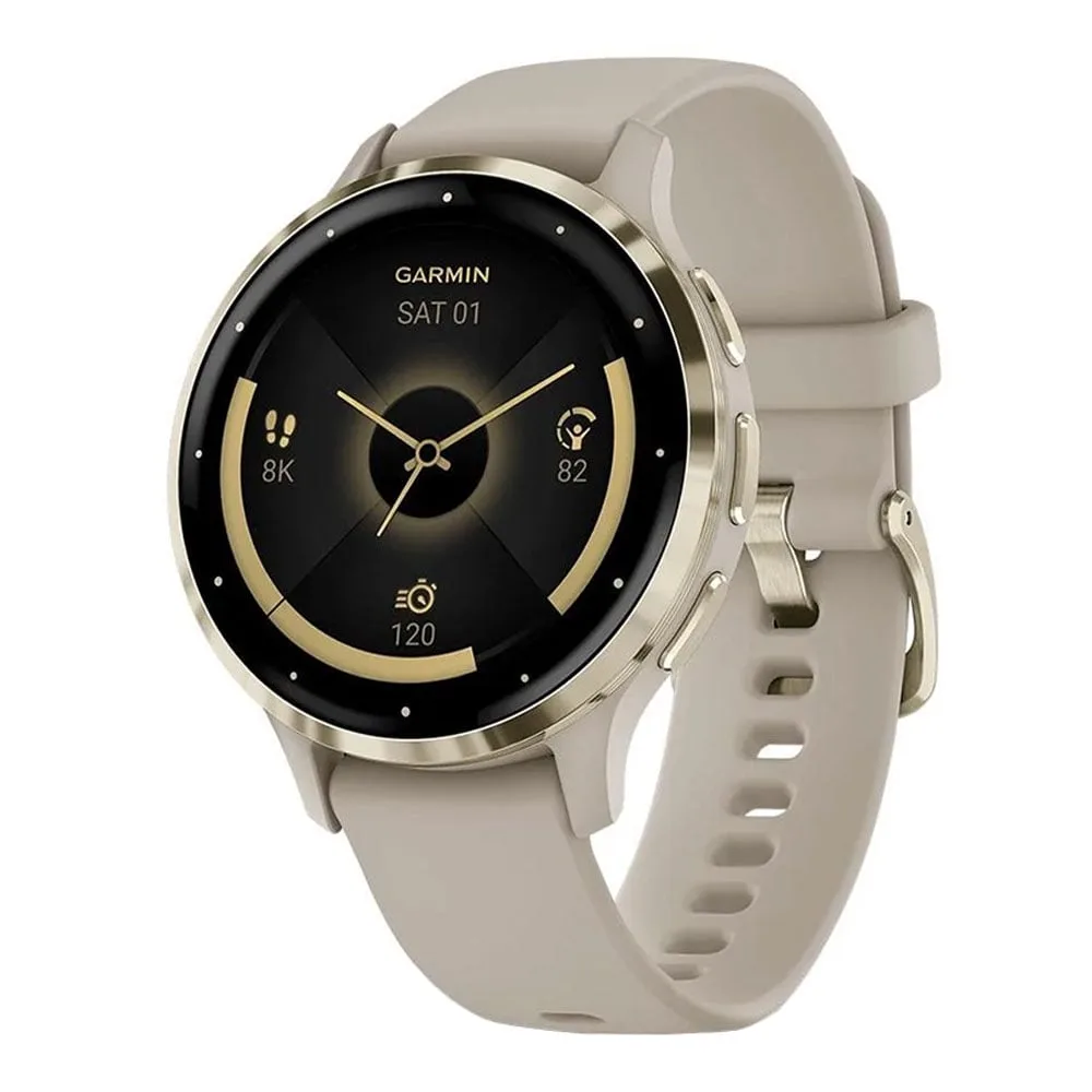 SMART WATCH (นาฬิกาอัจฉริยะ) GARMIN VENU 3S CREAM GOLD STAINLESS STEEL BEZEL WITH FRENCH GRAY CASE AND SILICONE BAND (010-02785-52)