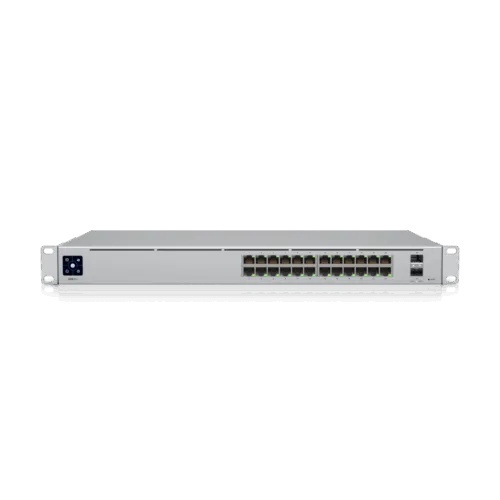 Ubiquiti Hub & Switch USW-PRO-24 A 24-port Layer 3 switch supporting 10G SFP+ connections with fanless cooling.