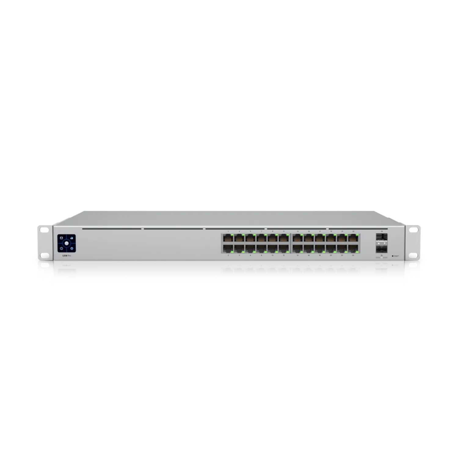 Ubiquiti Hub & Switch USW-PRO-24 A 24-port Layer 3 switch supporting 10G SFP+ connections with fanless cooling.
