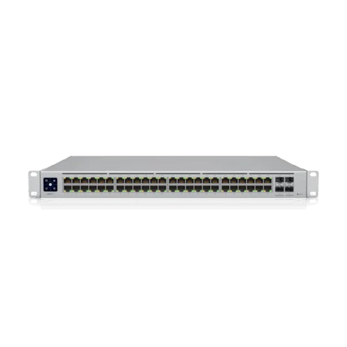 Ubiquiti Hub & Switch USW-PRO-48 A 48-port Layer 3 switch supporting 10G SFP+ connections with fanless cooling.