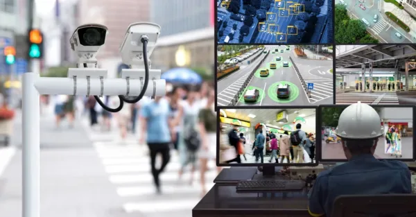Machine Learning analytics identify person technology in smart city , Artificial intelligence ,Big data , iot concept Engineer monitoring cctv , security camera and face recognition people traffic